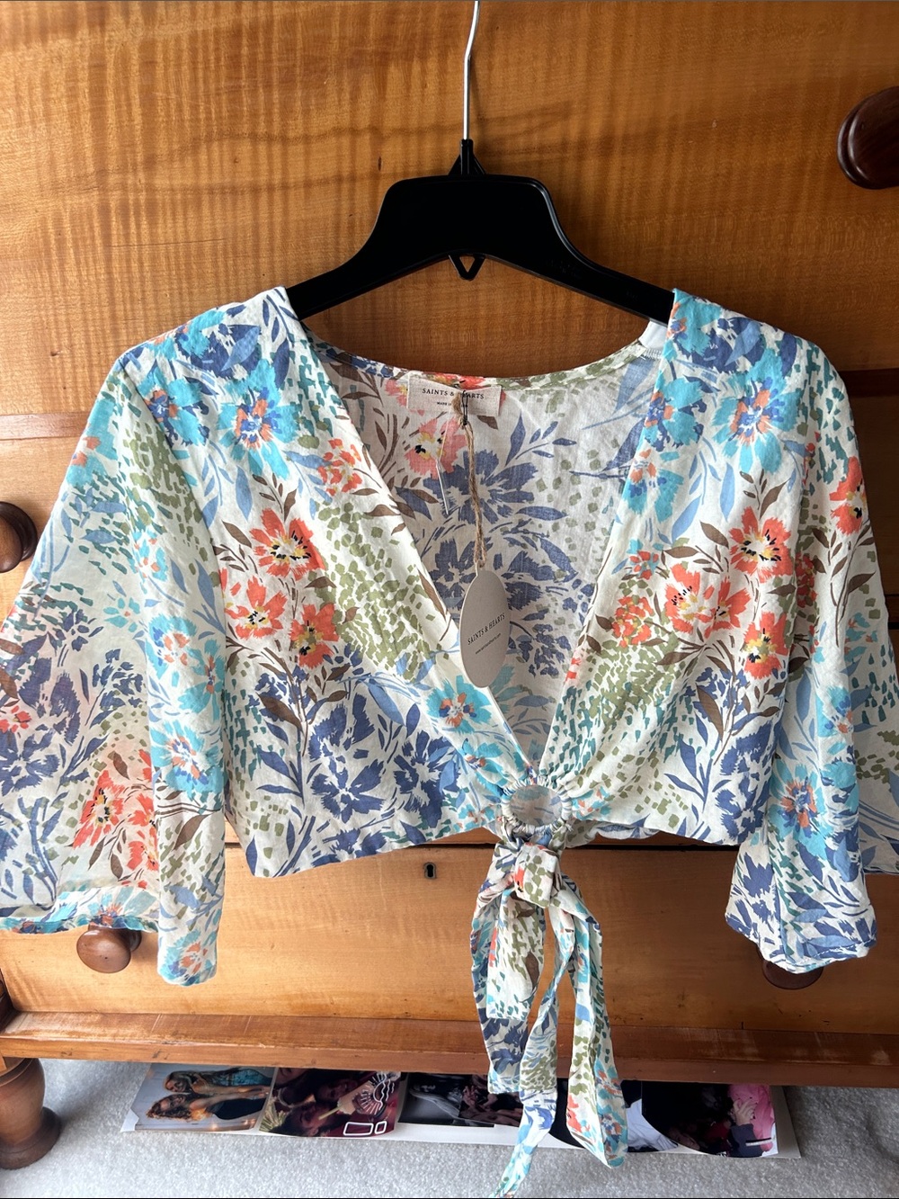 Floral Tie-Front Crop Top in Multi Blue